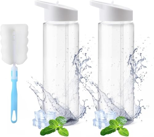 UOCAI 2 PCS Leak-Proof Sports Water Bottles, BPA Free 700 ml Sports Water Bottle with Straw & Brush,Leak Proof Re-Usable Flip Top Drinks Sports Flask for School Outdoor Sports