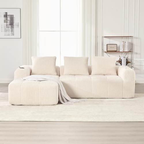 Kompakt-Sofa aus Cord – Weich, inkl.3 Kissen,modular & alltagstauglich mit Seitentasche und Getränkehalter.Hochwertiger Komfort für langes Sitzen.Ideal für Wohnzimmer, Arbeitszimmer & mehr.Beige