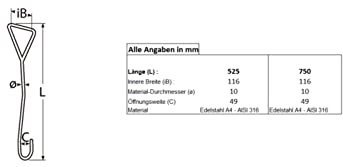 530 mm Edelstahl Schleusenhaken A4 AISI 316