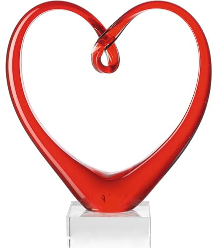 Leonardo Heart Skulptur in Herzform, rotes Herz auf Sockel, handgefertigtes Deko Farbglas, 24 x 21 x 8 cm, 090871