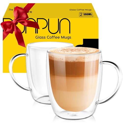 PunPun Coffee Cups Clear Coffee Mugs, Espresso Cups,Double Wall Glass Coffee Mugs with Big Handle, Clear Mugs,Perfect Glass Mugs for Hot Beverages, Latte, Cappuccinos.(380ml/Set of 2)