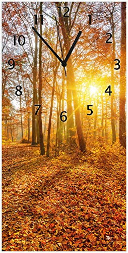 Wallario Design-Wanduhr Sonnenuntergang im herbstlichen Wald aus Glas, Motiv-Uhr Größe 30 x 60 cm, Schwarze Zeiger