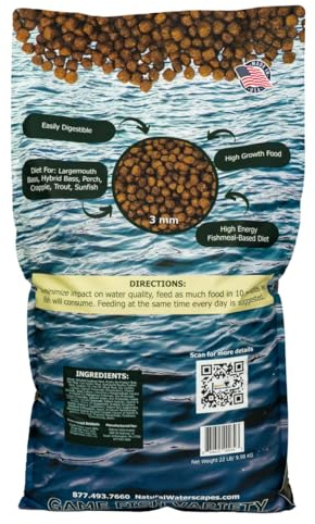Natural Waterscapes Game Fish Food Variety | Pond and Lake Fish Food Pellets | 22 lb Bag | Feed to Bass, Bluegill, Trout, Catfish, tilapia | Floating Pellets