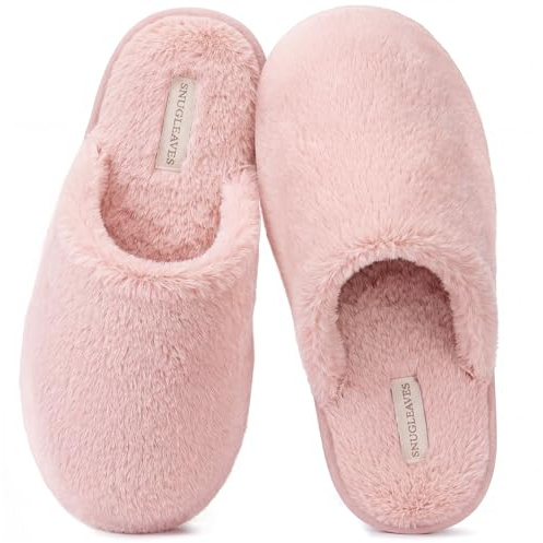 Snug Leaves Women's Fluffy Memory Foam Slip On Slippers with Cosy Faux Fur Lined House Shoes for Ladies Pink, 3-4 UK