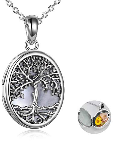 YAFEINI Medaillon-Halskette,Sterling Silber Baum des Lebens Medaillon-Halskette,Perlmutt/Abalone-Muschel Anhänger Schmuck Foto Bilder Medaillon Halskette für Frauen