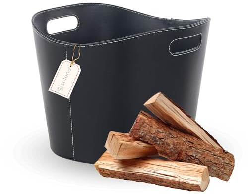 SULENO Holzkorb WEXFORD Brennholzkorb Kunstleder, L - 31,5 x 39,5 x 38 cm | schwarz, Kaminholz, Kaminholzkorb