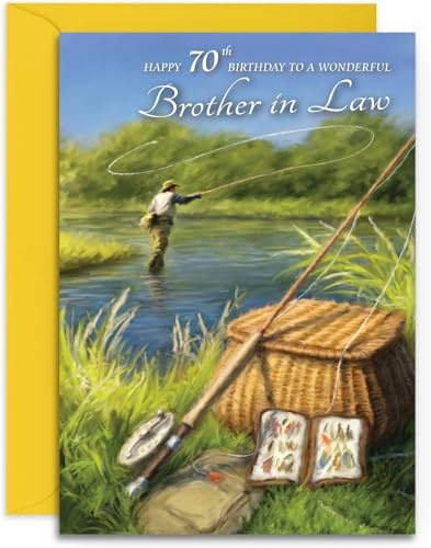Olivia Samuel Geburtstagskarte für den Schwiegerbruder zum 70. Angler, glänzend, mittelgroß, A5-Format, 148 mm x 210 mm, mit Haftklebeumschlag