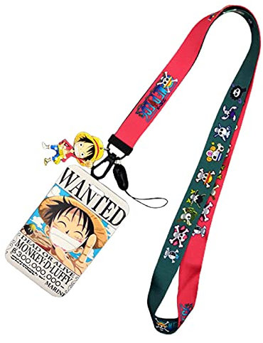 Anime One Piece Lanyard Tarjetero, funda para identificación con cinta, tarjetero de identificación, funda para tarjetas de identificación con cordón para llavero, tarjeta, exposición (Luffy Wanted,