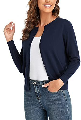 CUNYI Cardigan de Punto para Mujer Rebeca Cuello Redondo Clásico Manga Larga Chaqueta de Mujer con Botones Abrigo Elegante, Azul Marino L