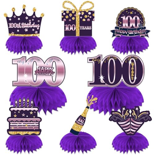 Happy 100th Birthday Honeycomb Centerpieces 100th Birthday Decor Purple Golden Table Toppers Cheers to 100 Years Table Decorations for Woman Man Anniversary One Hundred Years Birthday Party Favors