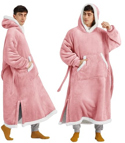 Bedsure Wearable Blanket Hoodie, Long Hooded Blanket Sweatshirt as Christmas Birthday Gifts for Men, Cozy Sherpa Hoodie for Adult, Oversize, Rose Pink