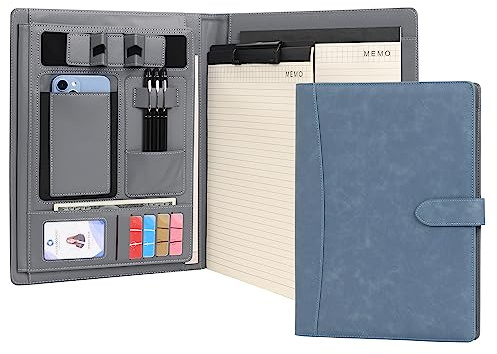 Wason Portfolio A4 Schreibmappe Kunstleder Portfolio mit Telefon Tablet Ständer & Klemmbrett Schreibblock, Ordner Datei Dokumentenhalter Hülle für Organizer Büro Schule Reisen (Blau)