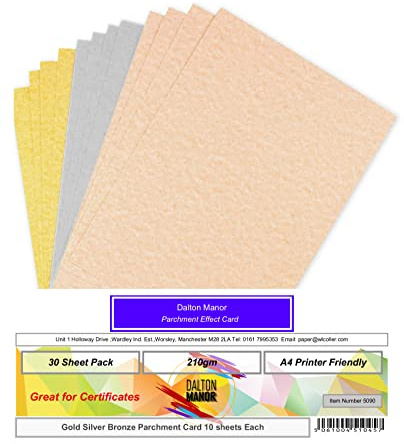Dalton Manor Parchment Effect Card 10 Sheets Each Gold/Silver/Bronze A4 210gsm Pack 10/10/10