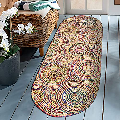 CASAVANI 100 % umweltfreundlicher, geometrischer Mehrzweck-Teppich, Baumwolle, Chindi und Jute, oval, verspielte Farbe, ideal für Zimmer, Flur, Eingangsbereich und Schlafzimmer, 6 x 12 cm, oval