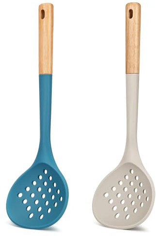 Kitchen Ladle Strainer, Large Slotted Spoon with High Heat Resistant BPA Free, Non Stick Cooking Skimmers For Draining & Frying, 13.2inch (Khaki & Blue)