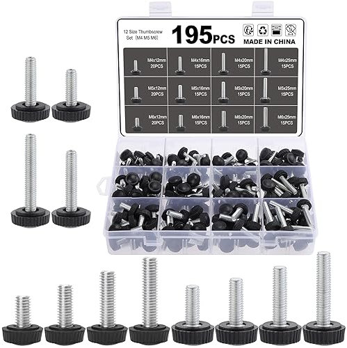 Moendergo 12 Größen 195 Stück Rändelschraube Set, M6 M5 M4 Rändelschrauben mit Griff, Carbon Gewinde Rundkopf Rändelschraube für Arten von Ständer und Maschinen