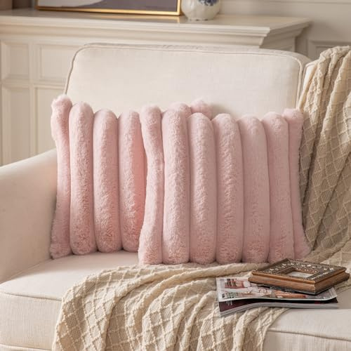 Yaertun 2er Set gestreifte Kissenbezug 45x45cm Rosa dekorative Kissenbezüge Sofakissen Dekokissen Wurfkissenbezug zierkissenbezug plüsch Kunstfell Kissenhülle Schlafzimmer Wohnzimmer