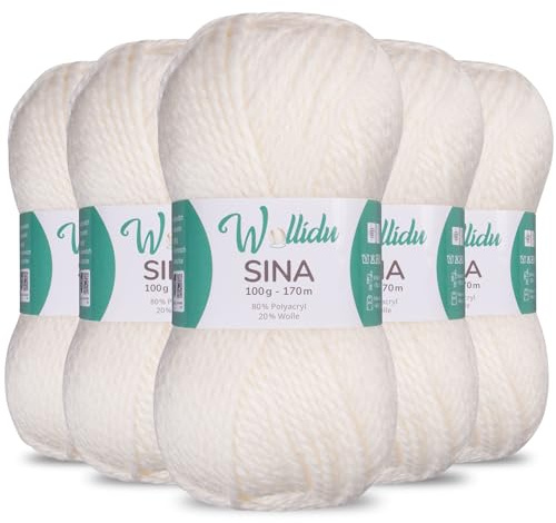 Wollidu Sina Wolle zum Stricken und Häkeln 500g Premium Strickwolle/Häkelwolle Set OEKO-TEX zertifiziert 5 x 100g/170m 80% Polyacryl 20% Schafwolle mulesing-frei - Naturweiß