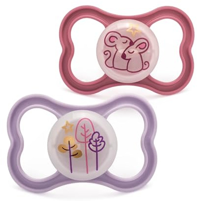 MAM Air Glow-in-the-Dark Dummies, 18-36M, 2 Pack, Pink/Purple