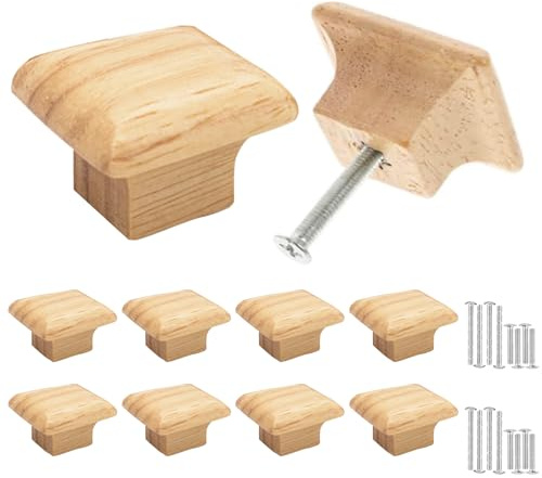 Misuyue 8 Stück Möbelknöpfe Holz, 35mm Quadrat Holzgriffe für Schränke, Holzknöpfe Kommode mit Schrauben, Schrankknöpfe für Schublade, Möbel, Küchenschränke, Kleiderschrank