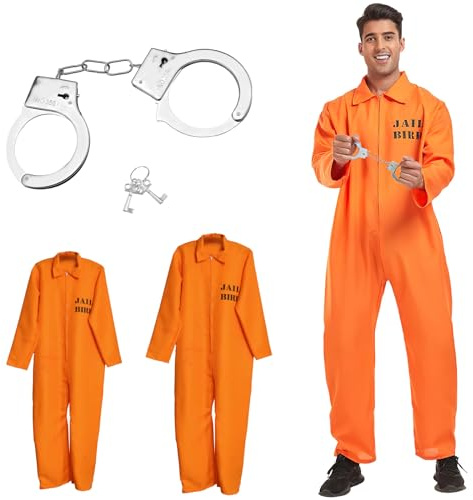 ZMDMAH Gefängnis Kostüm Orange mit Handschellen, Unisex Häftling Kostüm Herren Damen, Gefangener Kostüm, Sträfling Gefangene Kostüm Karneval Cosplay für Sträflinge, Gefangene und Räuber