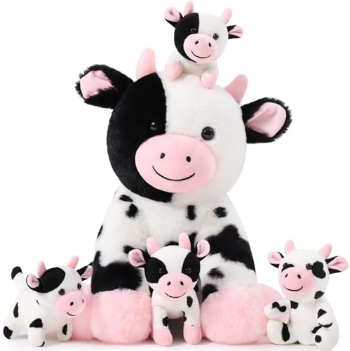 MorisMos Vaca Peluche Gigante con 3 Bebes Dentro de la Barriga, 37 cm Vaca Lechera Juguete de Peluche Animales Suave Bonito, Regalo para Niños Niñas Cumpleaños Navidad