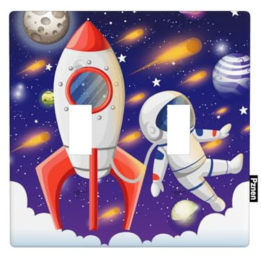 Pznen Outer Space Cartoon Double Toggle Light Switch Cover Astronaut Rocket Solar System Universe Planets Wall Plate Covers 2-Gang Toggle Switch Plates Home Decorative Office