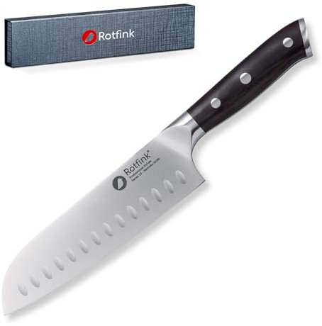 ROTFINK Santoku Messer 18 cm, Profi Küchenmesser scharf, Kochmesser, Fleischmesser, Edelstahl 56-58 HRC, ergonomischer Ebenholz-Griff, 15° Schleifwinkel, Geschenkbox, 10 Jahre Garantie
