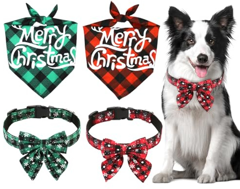 2 stycken hundhalsdukar och 2 stycken flugor hundhalsband, julhalsduk hund, huvuddukar för hundar, bandana hund för jul, triangelhaklappar för hundar, hundar, julklappar, presenter