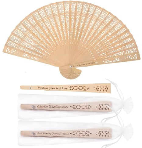 BEXOA 50 Pcs Personalised Hand Fans Folding - Custom Engraved Text Wooden Wedding Fans Party Favours Bridal Shower Gifts for Guests (50)