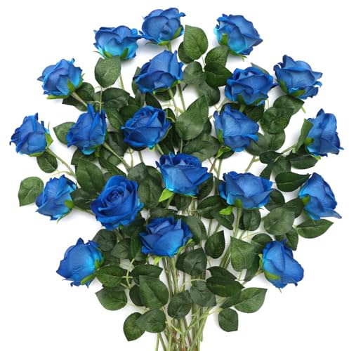 JUSTOYOU 20 PCS Blue Rose Artificial Flower,Silk Blooming Rose with Stem,Artificial Rose Bouquet Realistic Flower for Home Table Office Party Wedding Garden Arrangements(blue rose)