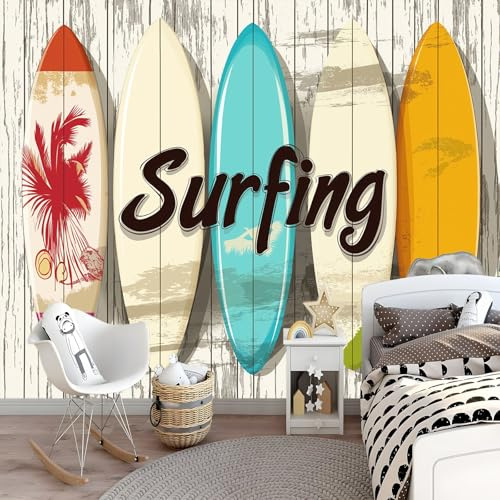 Générique Papier Peint Planche de surf vintage 300 x 210 cm Éléments de plage Papier Peint intissé pour Chambre Salon Photo Murale Personnalisé Décoration Murale
