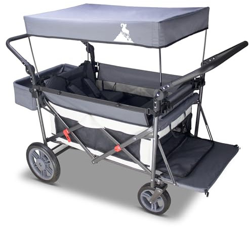 TOPWELL Folding Handcart Trolley, Folding Camping Wagon with Canopy & 2 Seats, Collapsible Beach Cart Foldable for Outdoor Garden Picnic Shopping 265LBS Capacity (Grey/Beige)