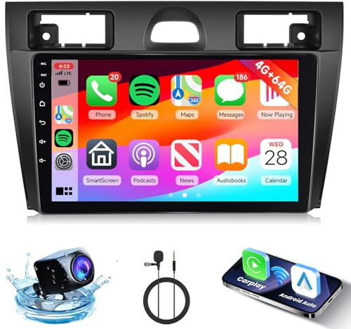 4G+64G Hodozzy Radio de Coche para Ford Fiesta 2006-2011 con Carplay Android Auto Mirror Link, Pantalla Táctil de 9 Pulgadas con Navegación GPS Bluetooth, Radio Android con WiFi 32DSP FM/RDS, Cámara