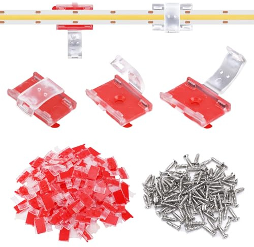 Gosknor 100 Stück LED-Lichtstreifen-Clips, Innenlicht-Clips mit Schrauben Selbstklebende LED-Clips LED-Lichtstreifenhalter Selbstklebende Montagehalterungen für 8-10 mm Innenlichtstreifen
