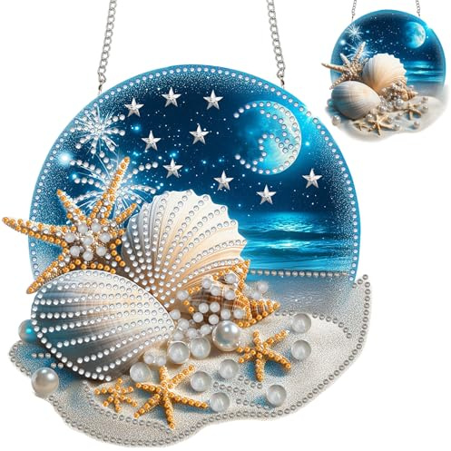 Zariocy Diamond Painting Anhänger - Muscheln Meereslandschaft Fenster deko Hängen, Fenster für Haus Garten (Haustür, Veranda) - DIY Diamantkunst Anhänger Kit für Erwachsene 20x20 cm