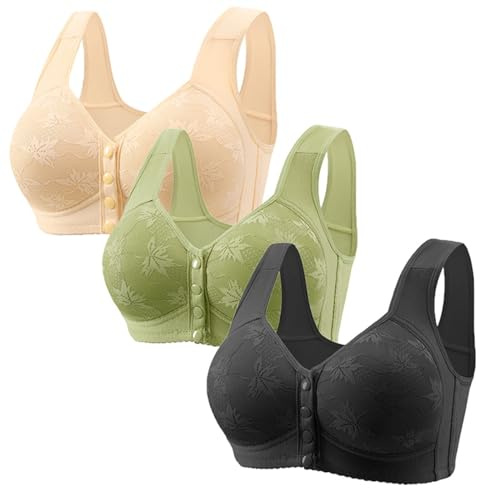3-Pack Front Fastening Bras for Women Plus Size Cotton Solid Colour Everyday Bras No Wire Breathable Bras for Elderly Women with Sagging Breasts Wide Straps Comfort Bras Wireless Push Up Bras Blue