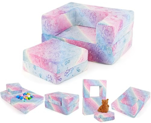 GOPLUS Barnsoffa, leksoffa, modulär soffa utfällbar med ljusa mönster och avtagbart flanellöverdrag, barnsoffa barnfåtölj för barn från 3 år (71 x 53,5 x 34,5 cm, färgglad)