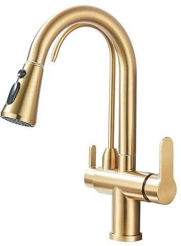 Saeuwtowy Grifo de Cocina 3 Vías Ósmosis, Grifo de Cocina para Osmosis con 2 Palancas, Grifo Osmosis Fregadero Giratorio a 360°, Ducha Extraíble, Acero Inoxidable Oro Cepillado