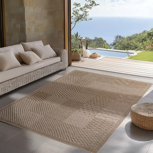 SIMPEX Indoor Outdoor Teppich Beige 160x230 cm Läufer, UV-beständig, Ideal für Küche, Balkon, Terrasse, Wohnzimmer und Esszimmer, Einfarbig im Boho-Stil.