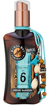 Byron Bay Australia Super Tanning Oil Spray SPF 6 - Fast Bronzing & Tan with Carrot Extract & Beta Carotene - UVA & UVB Protection with Vitamin E & Aloe Vera, Tropical Coconut Scent - 200ml