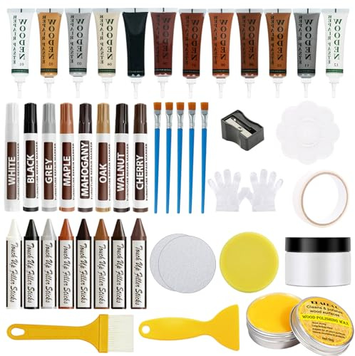 Laminate Floor Repair Kit, 45PCS Wood Filler Repair Kit, Wood Putty with Beeswax, Touch Up Markers & Floor Repair Tool for Scratches Cracks Holes Stains of Wooden Furniture