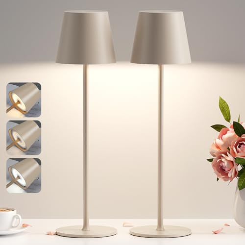 PreeOtti Tischlampe Kabellos, LED Tischleuchte Akku Dimmbare 2er Set mit 3 Farbtemperatur, Stufenlos Dimmbar, Touch Lampe mit USB-C Aufladbar für Outdoor Nachttisch Esstisch Camping(Beige)