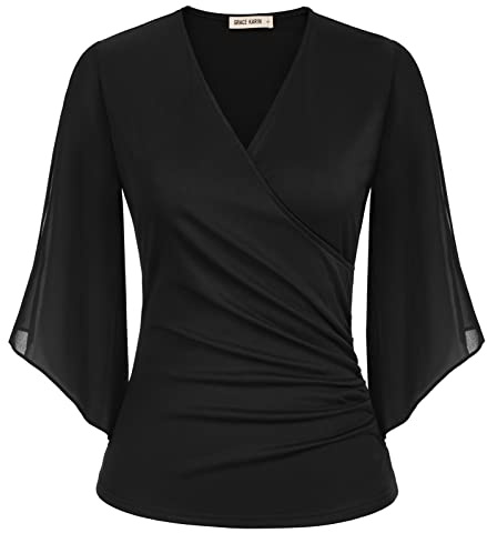 GRACE KARIN Damen Einfarbige Chiffon Patchwork Bluse Weihnachts Party Oberteile 3/4 Ärmel Rüschen Wickelbluse Schwarz-2 XXL