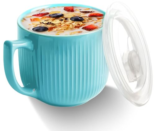 GOMETY Bol à soupe en céramique avec anse - 900 ml - Pour micro-ondes - Avec couvercle - Grande tasse à café - Pour déjeuner, pâtes, fruits, céréales Bleu