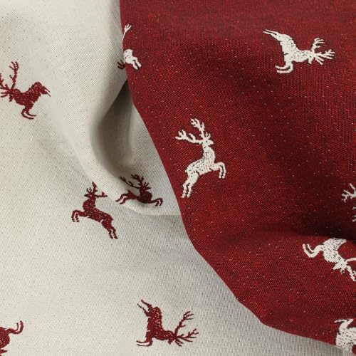 Jacquard Polsterstoff Hirsch Meterware 280 cm breit - 1 Meter, Landhaus, Vorhangstoff, Tischdecke, Bezüge, Möbel, Deko, Weihnachten (Rot)