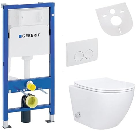 Belvit Ensemble complet de WC suspendu avec fonction bidet - Toilette murale blanche avec Taharet et Geberit UP100, abattant avec abaissement automatique, protection acoustique, plaque de commande
