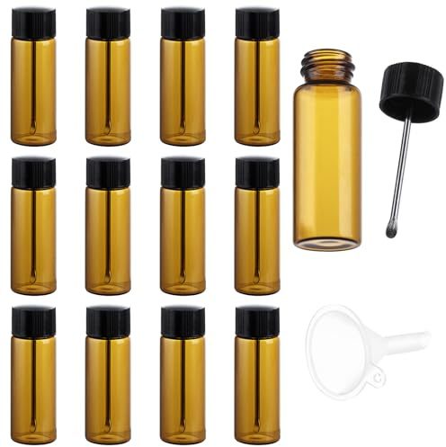 LDXDRU Paquete de 12 botellas pequeñas de vidrio con cuchara de rapé, vial de vidrio de aceite esencial con mini embudo, mini botella de bolsillo para rapé, botella de condimento de viaje para viajes