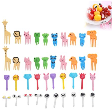 Hsyadazi Juego de mini tenedores de fruta, 40 unidades, reutilizables, de plástico, para frutas, postres y cajas bento, tenedores coloridos con diseño de animales para fiestas infantiles