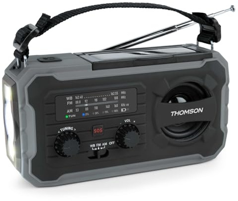 THOMSON Radio Solaire d’Urgence Portable, Survie Dynamo FM/AM, Lampe Torche LED, Alarme SOS, Batterie Rechargeable 4000mAh et Chargeur Smartphone USB-C, pour Camping, Dépannage – Gris - RT280G